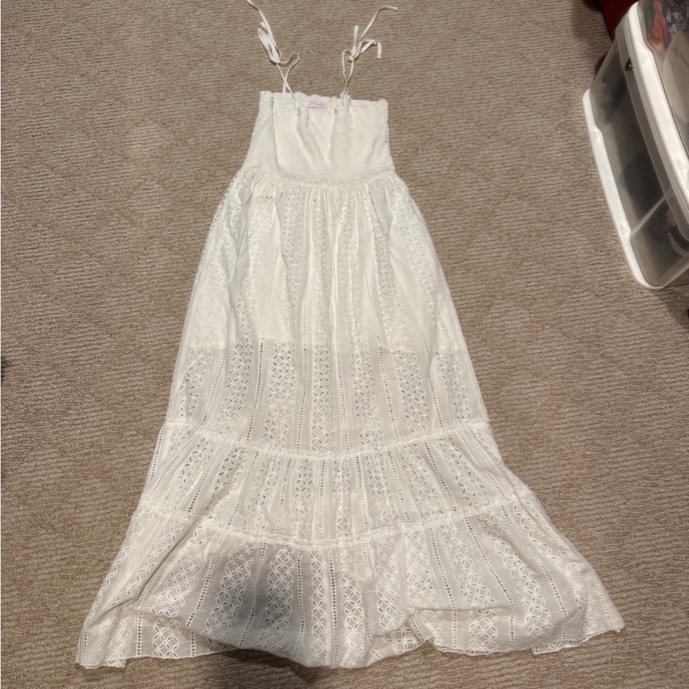 Lily Pulitzer White Eyelet Lace Maxi Dress Boho Tie Strap Smocked Bodice